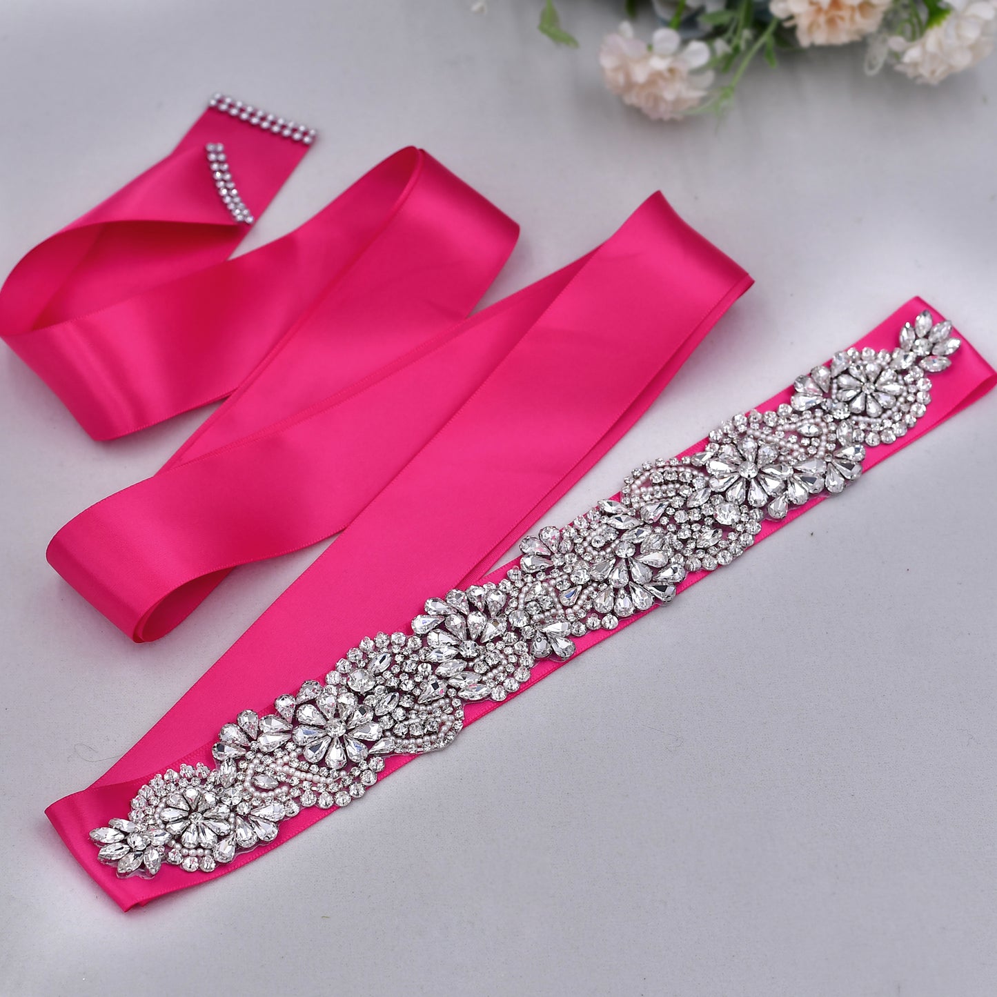 BRIDELLA BS120 Silver Elegant Holiday Waist Accessory With Rose Red Satin Ribbon That