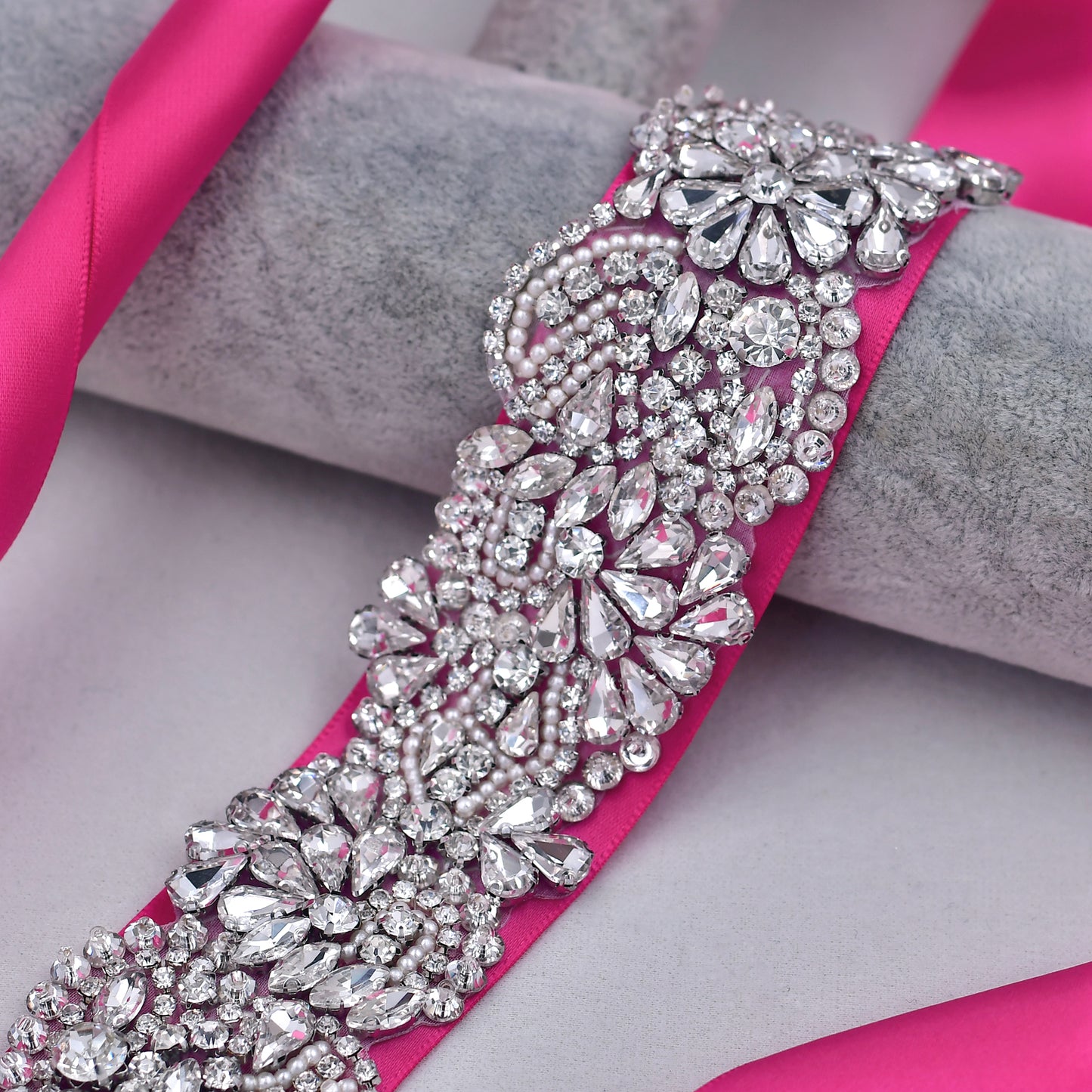 BRIDELLA BS120 Silver Elegant Holiday Waist Accessory With Rose Red Satin Ribbon That
