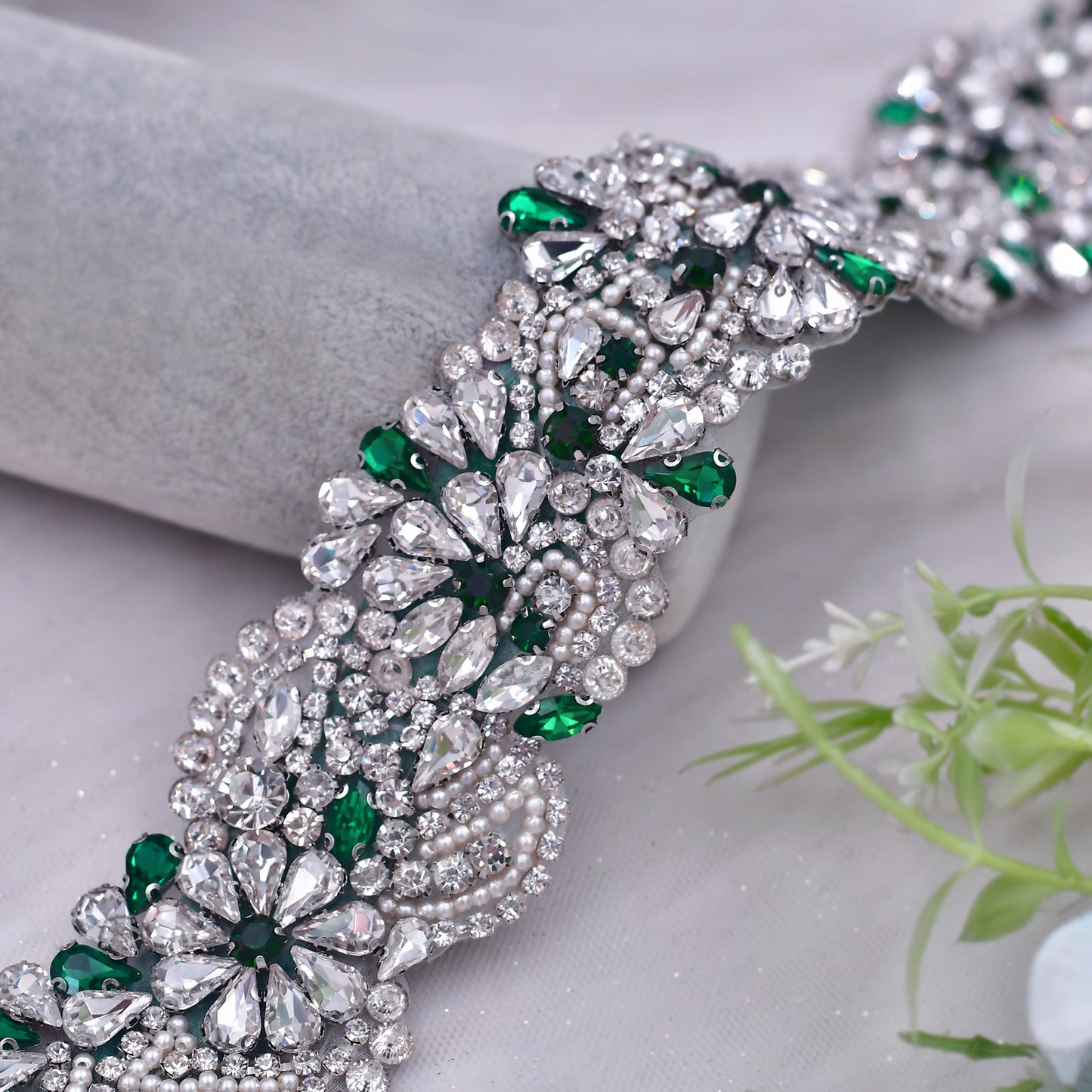 BRIDELLA BS120KL Exquisite Design Hole Green Bead Belt Wedding Guest Clothing Waist Accessories
