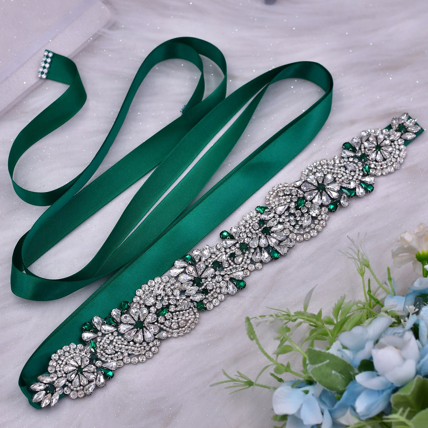 BRIDELLA BS120KL Exquisite Design Hole Green Bead Belt Wedding Guest Clothing Waist Accessories