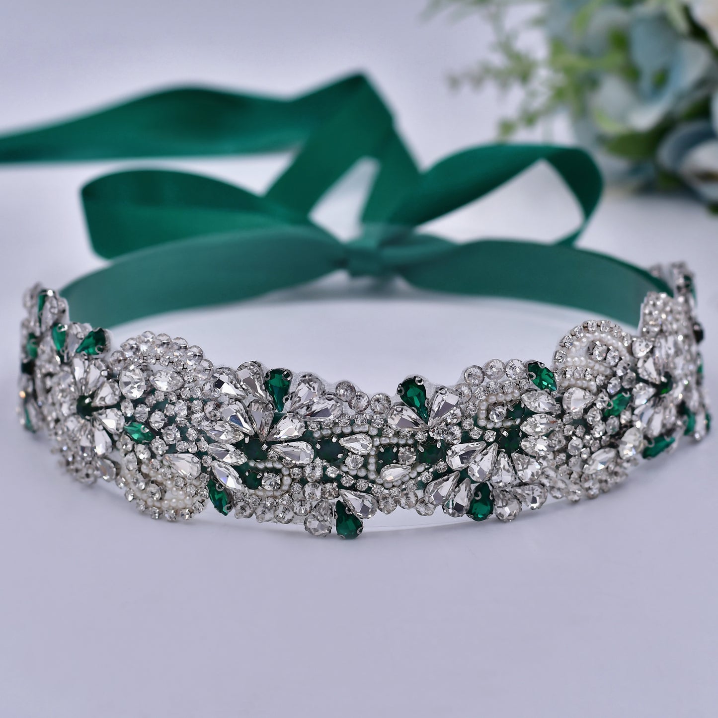BRIDELLA BS120KL Exquisite Design Hole Green Bead Belt Wedding Guest Clothing Waist Accessories
