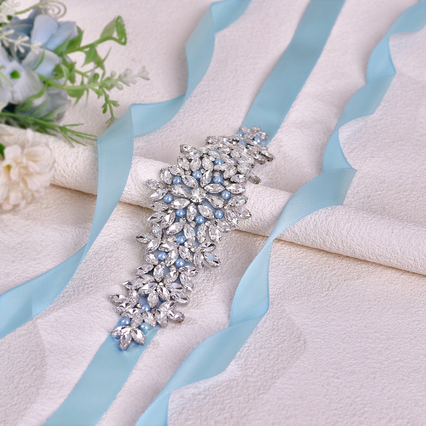 BRIDELLA BS121 Rhinestone Waist Accessory Light Blue Decorative Waistband Brides Companion Gift