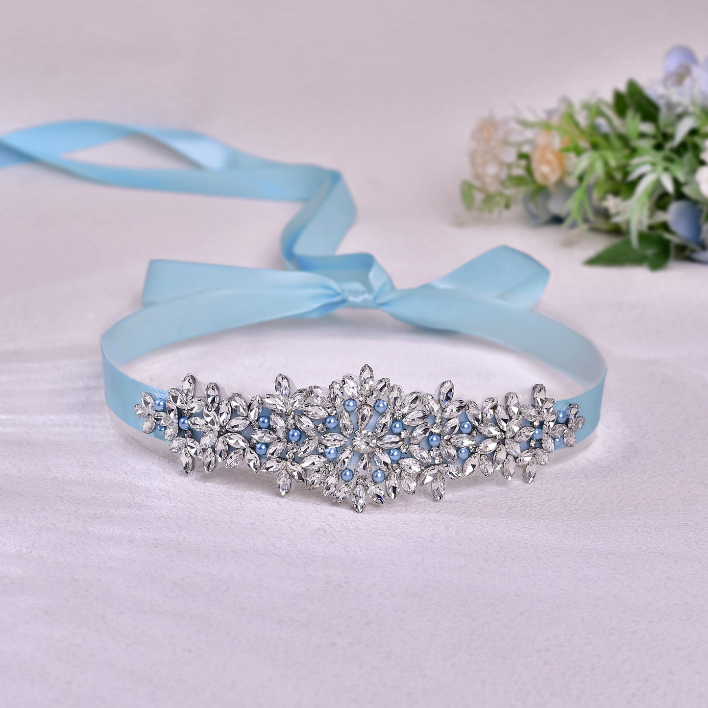 BRIDELLA BS121 Rhinestone Waist Accessory Light Blue Decorative Waistband Brides Companion Gift