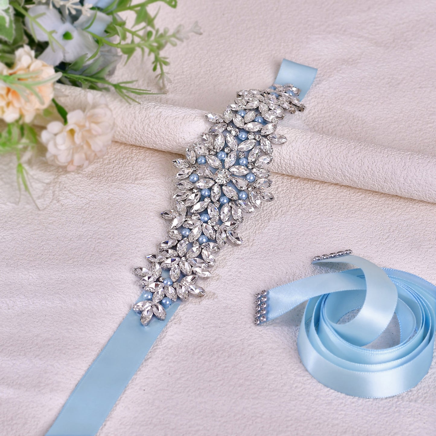 BRIDELLA BS121 Rhinestone Waist Accessory Light Blue Decorative Waistband Brides Companion Gift