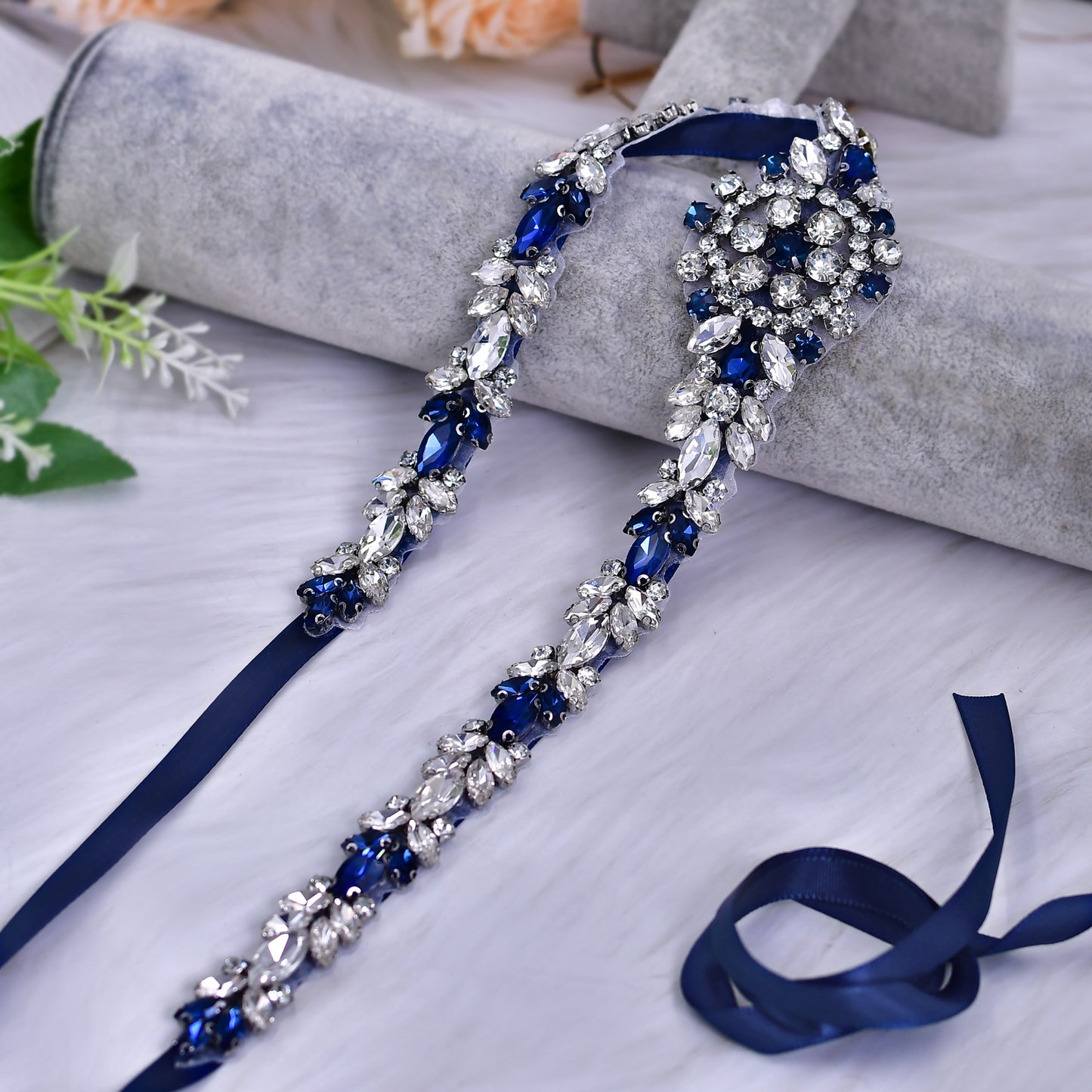 BRIDELLA BS124ML Handmade Dark Blue Rhinestone Waistband Unique Holiday Fashion Accessory