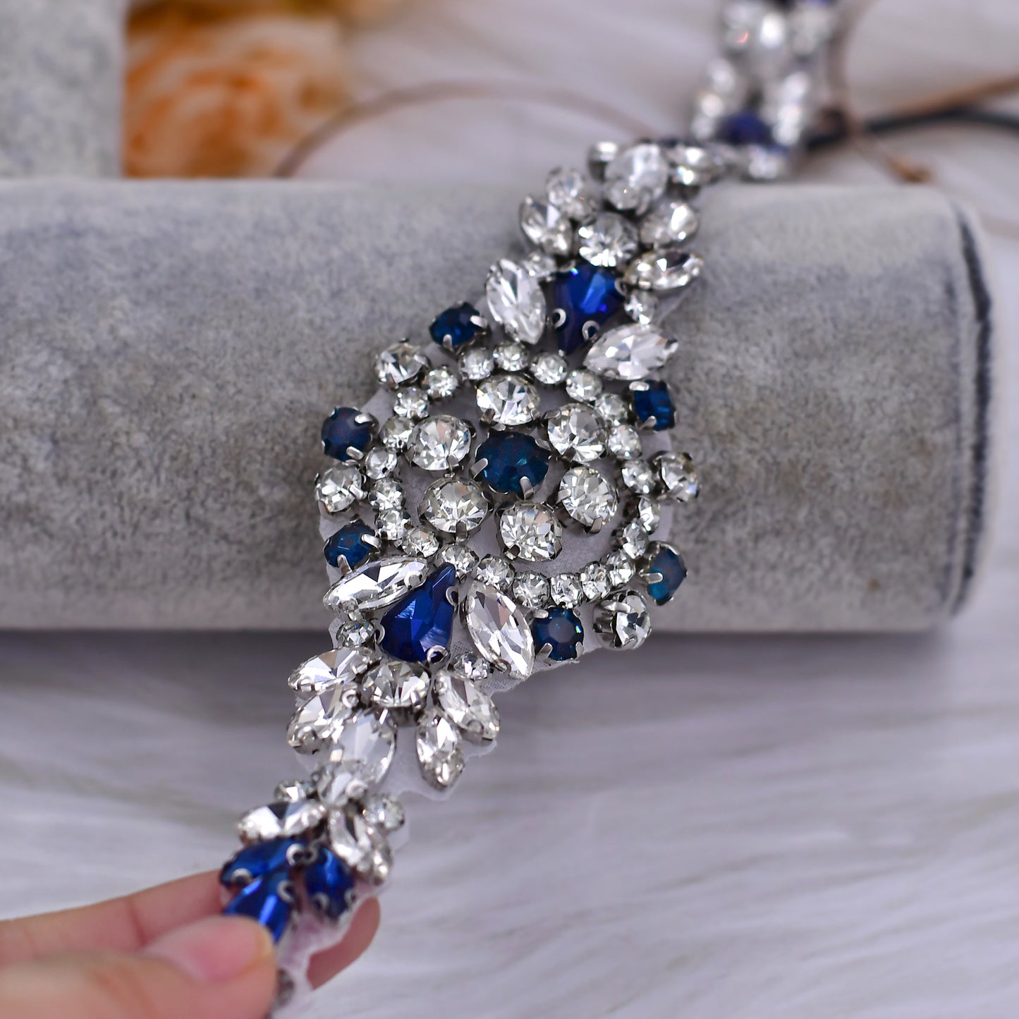 BRIDELLA BS124ML Handmade Dark Blue Rhinestone Waistband Unique Holiday Fashion Accessory