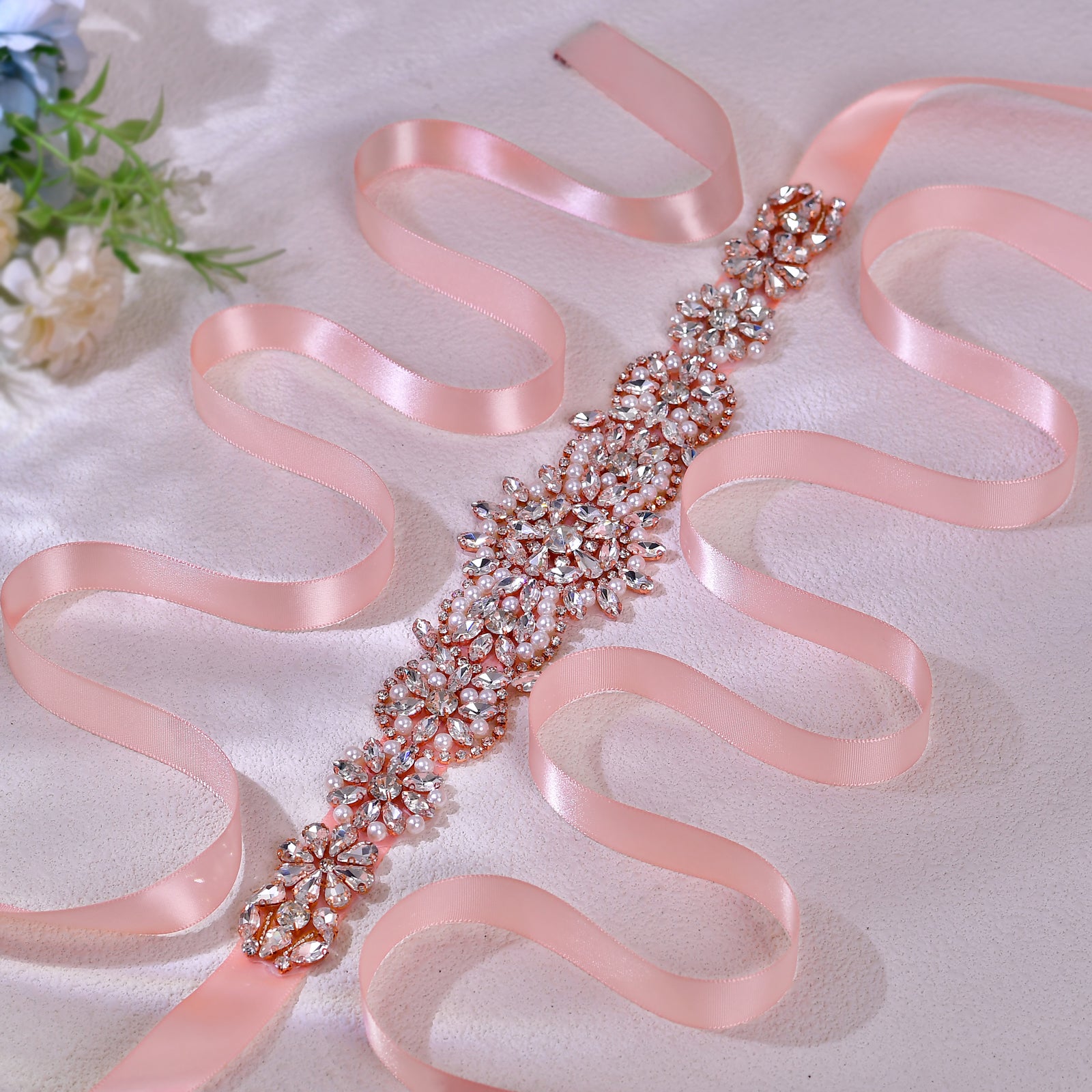 BS445RG-Retro Pink rose gold rhinestone pearl belt