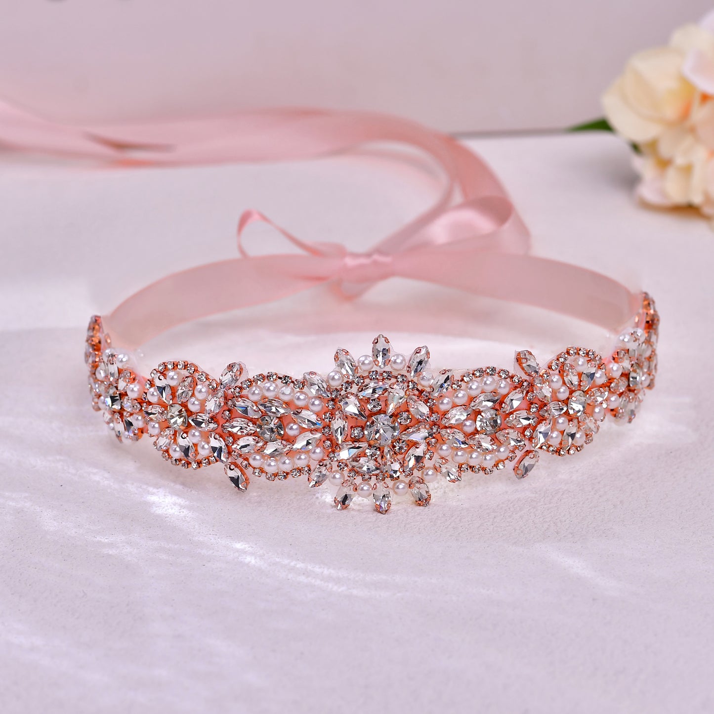 BS445RG-Retro Pink rose gold rhinestone pearl belt