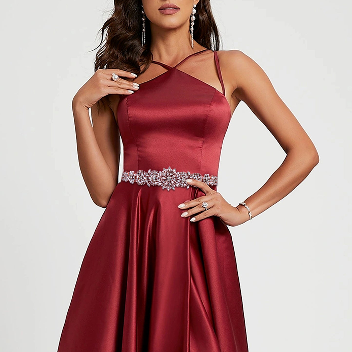 BS445RG-Retro Pink rose gold rhinestone pearl belt