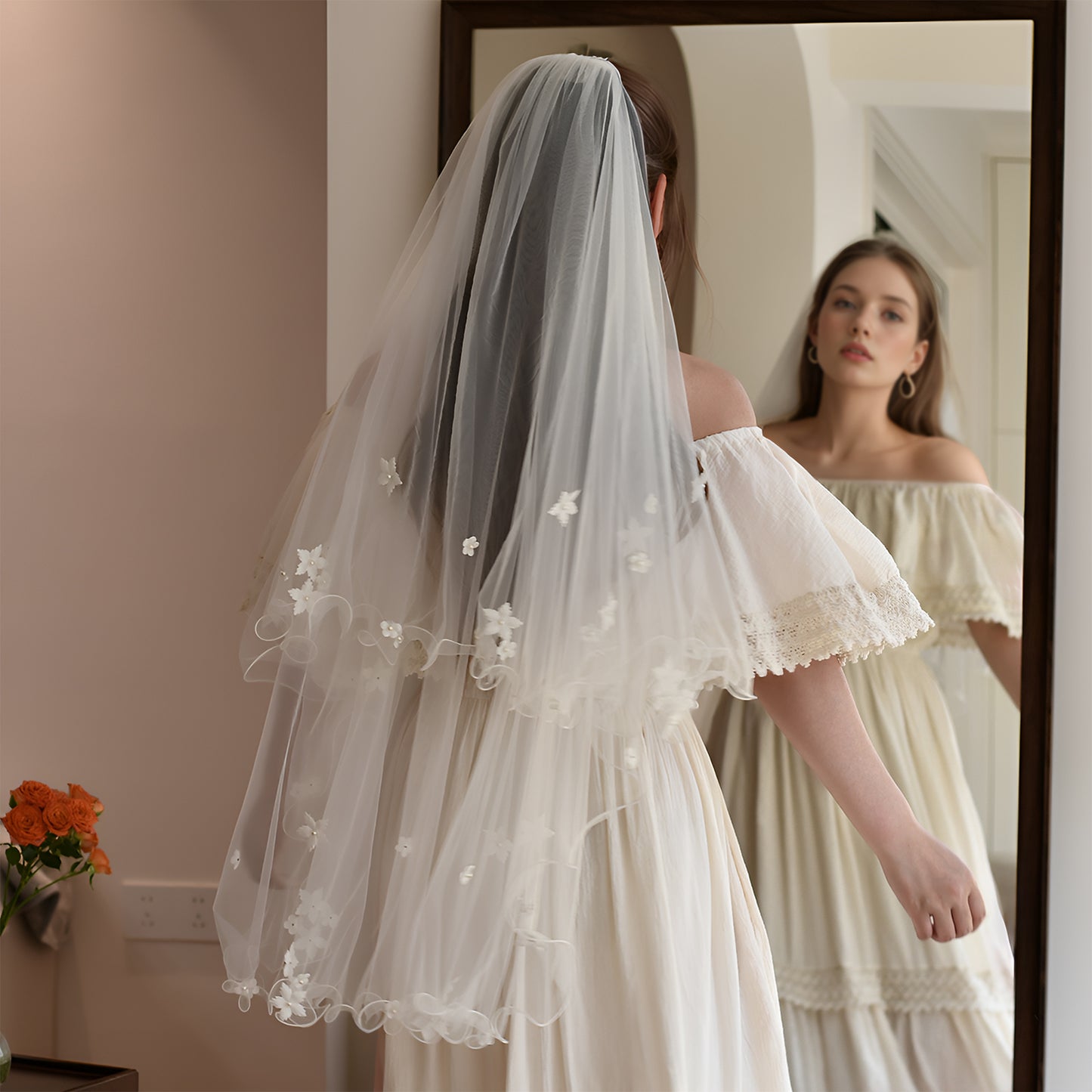 V283-IY1 red pearl mesh veil