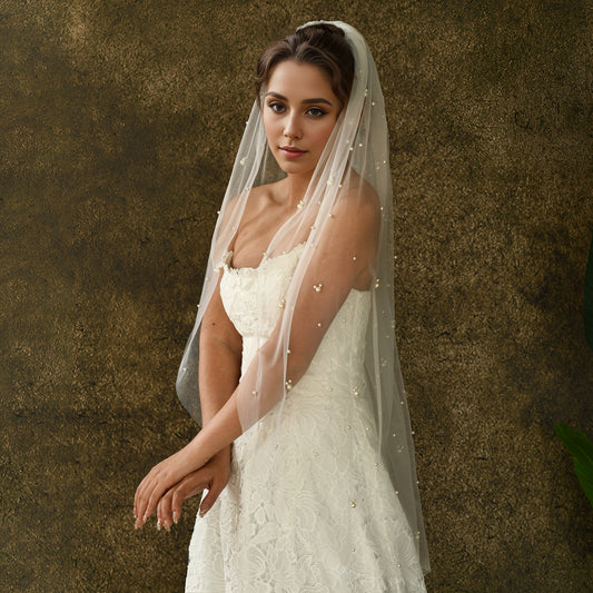 BRIDELLA BV130 1 Piece Fingertip Length Single Layer Artificial Pearl Bridal Veil Suitable For Weddings Wedding Photo Shoot With Hair Comb