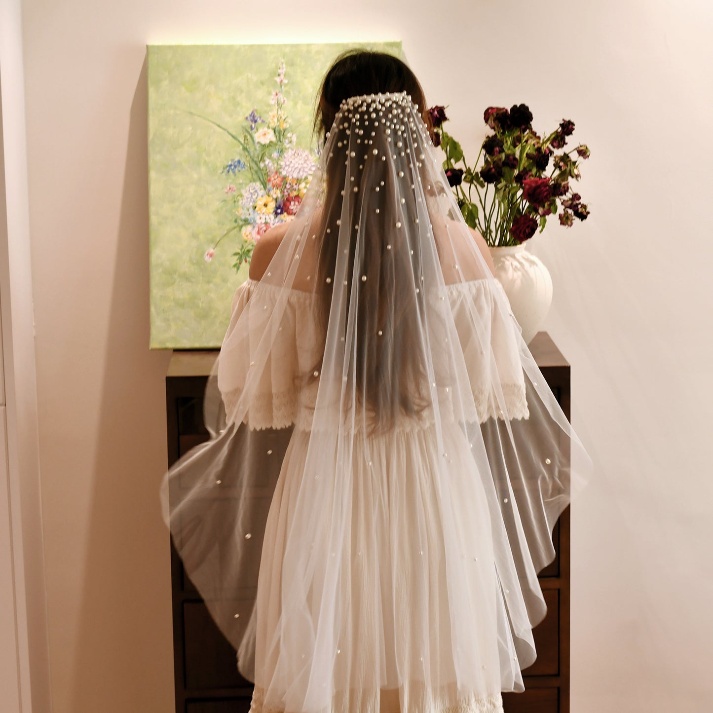 BRIDELLA BV180 1 Piece Single Layer Fingertip Length Artificial Pearl Bridal Veil Suitable For Wedding Registration Wedding Accessories Include Hair Comb