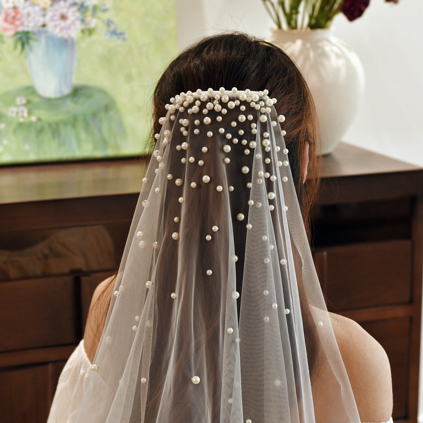 BRIDELLA BV180 1 Piece Single Layer Fingertip Length Artificial Pearl Bridal Veil Suitable For Wedding Registration Wedding Accessories Include Hair Comb