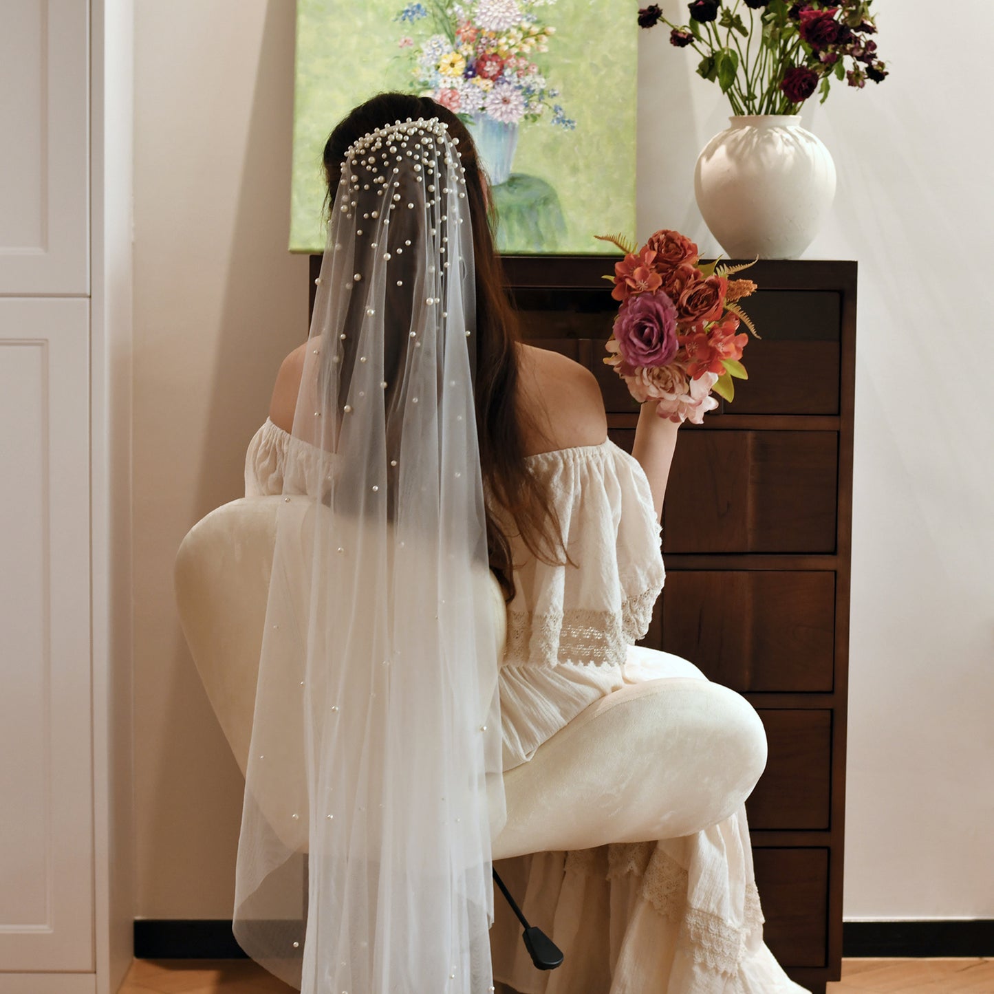 BRIDELLA BV180 1 Piece Single Layer Fingertip Length Artificial Pearl Bridal Veil Suitable For Wedding Registration Wedding Accessories Include Hair Comb