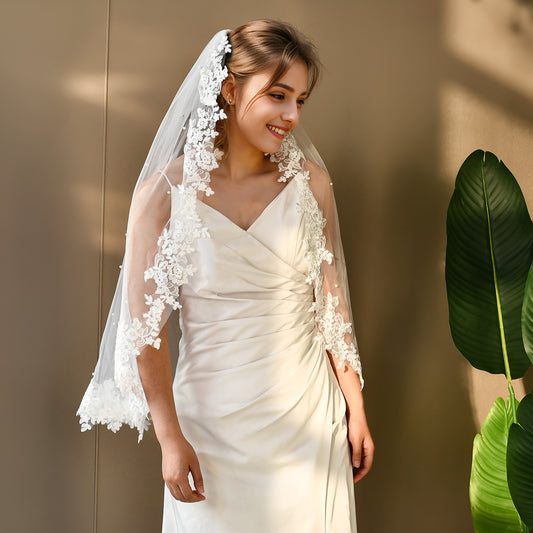 BRIDELLA BV82 Elegant Lace Beaded Veil Single Layer With Comb Bridal Wedding Hair Accessories
