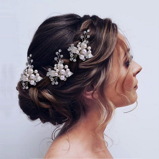 BRIDELLA BHP133 Silver Bridal Hairpin and Fork Set with Three Pearls and rhinestones Handmade Bridal Hair Accessories