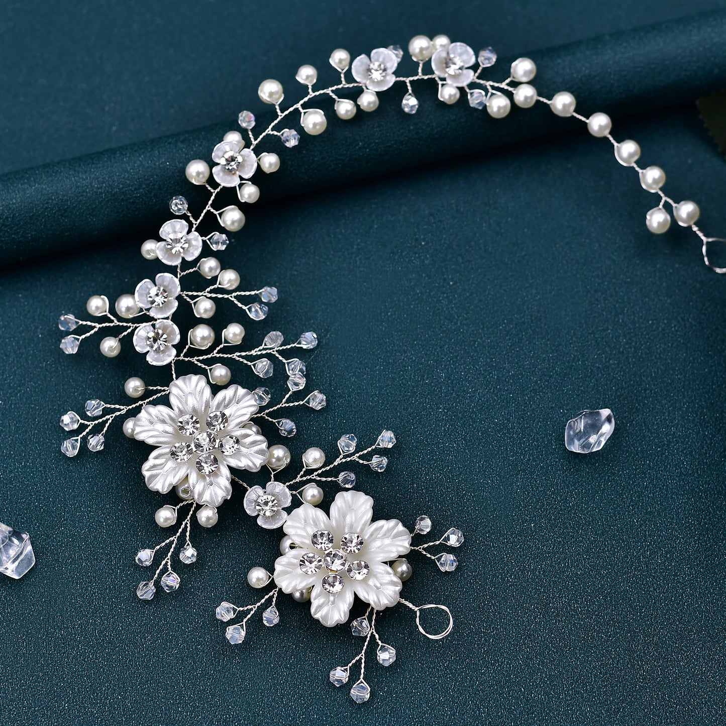 BRIDELLA BHP295 Silver Resin Flower Bridal Hair Accessories Handmade Braided Hair Strap with Pearl Water Diamond Wedding Hair Accessories