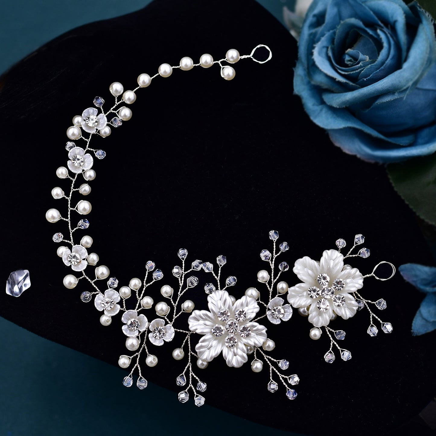 BRIDELLA BHP295 Silver Resin Flower Bridal Hair Accessories Handmade Braided Hair Strap with Pearl Water Diamond Wedding Hair Accessories
