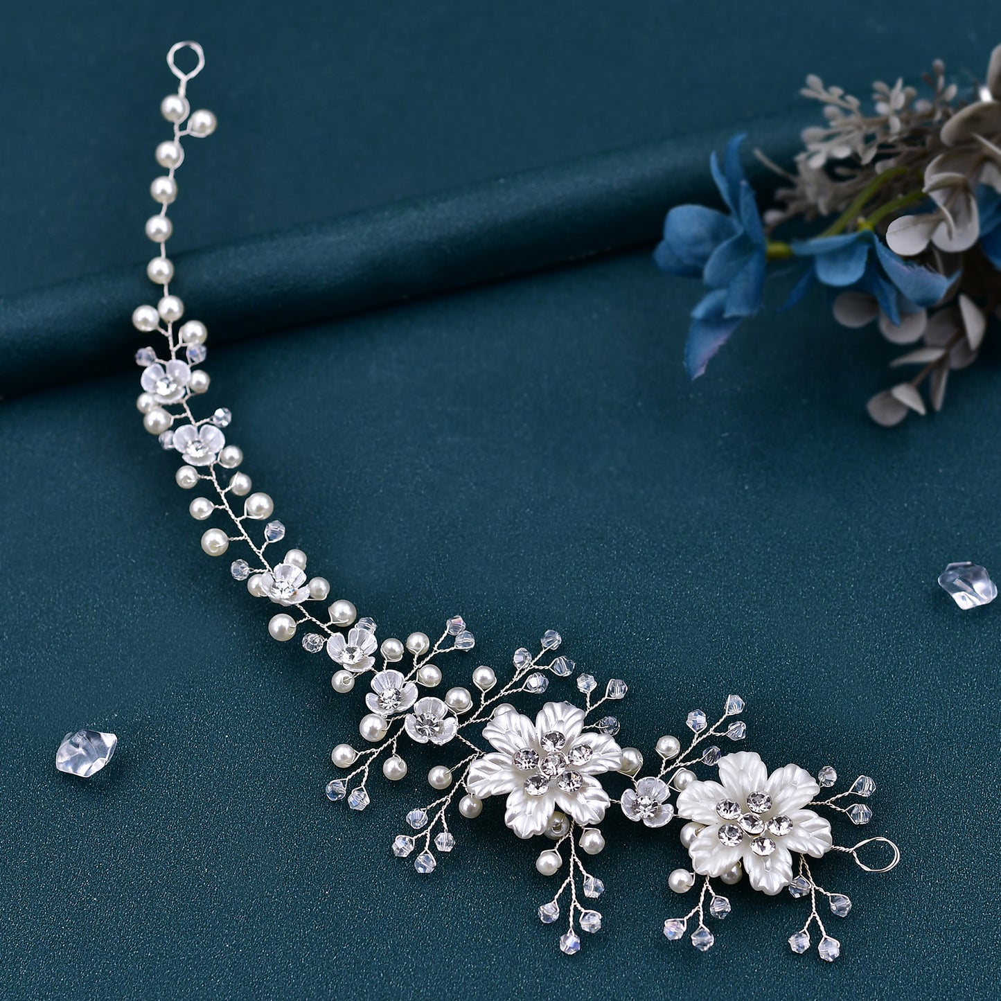 BRIDELLA BHP295 Silver Resin Flower Bridal Hair Accessories Handmade Braided Hair Strap with Pearl Water Diamond Wedding Hair Accessories