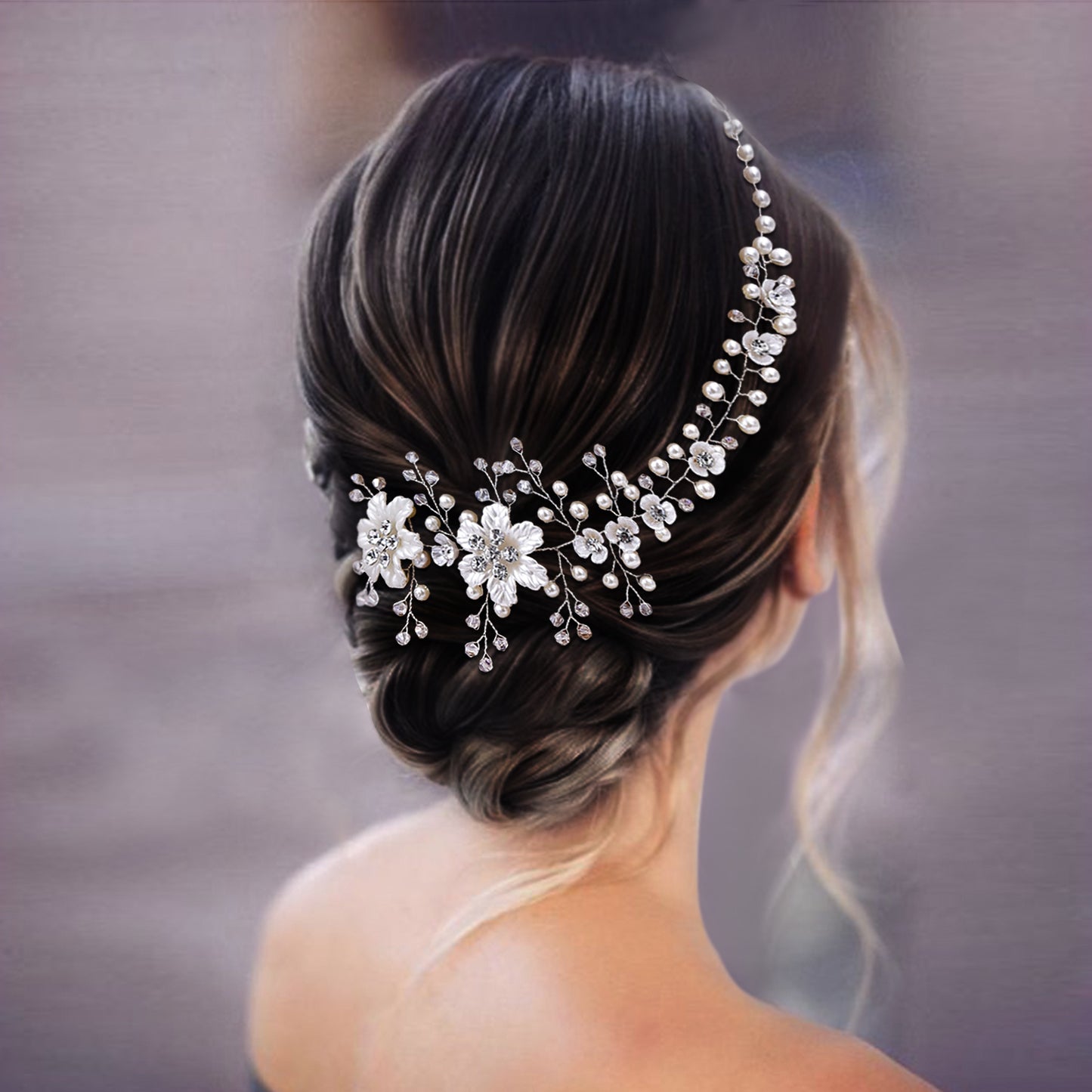 BRIDELLA BHP295 Silver Resin Flower Bridal Hair Accessories Handmade Braided Hair Strap with Pearl Water Diamond Wedding Hair Accessories