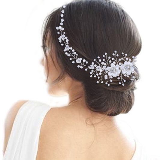 BRIDELLA BHP295 Silver Resin Flower Bridal Hair Accessories Handmade Braided Hair Strap with Pearl Water Diamond Wedding Hair Accessories