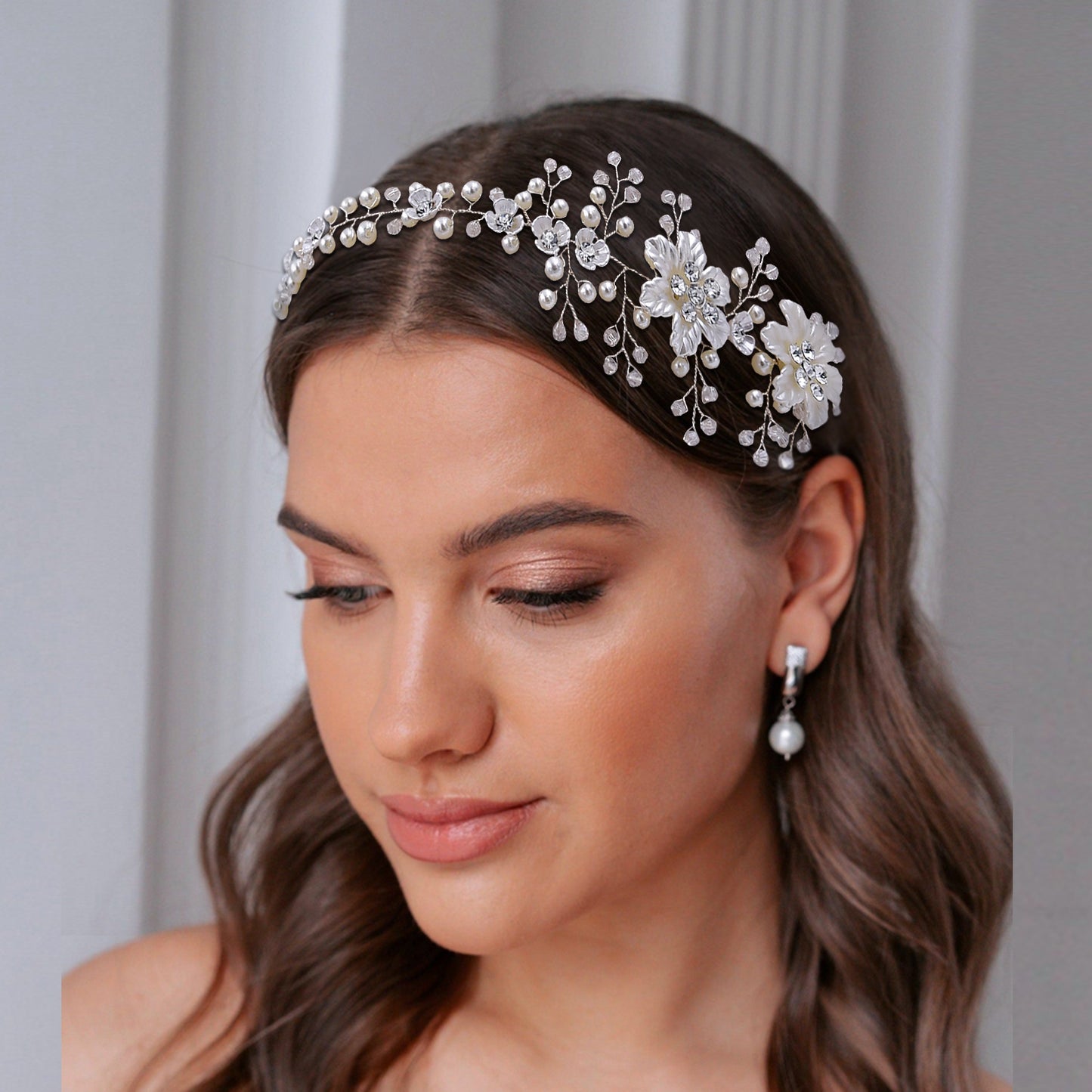 BRIDELLA BHP295 Silver Resin Flower Bridal Hair Accessories Handmade Braided Hair Strap with Pearl Water Diamond Wedding Hair Accessories