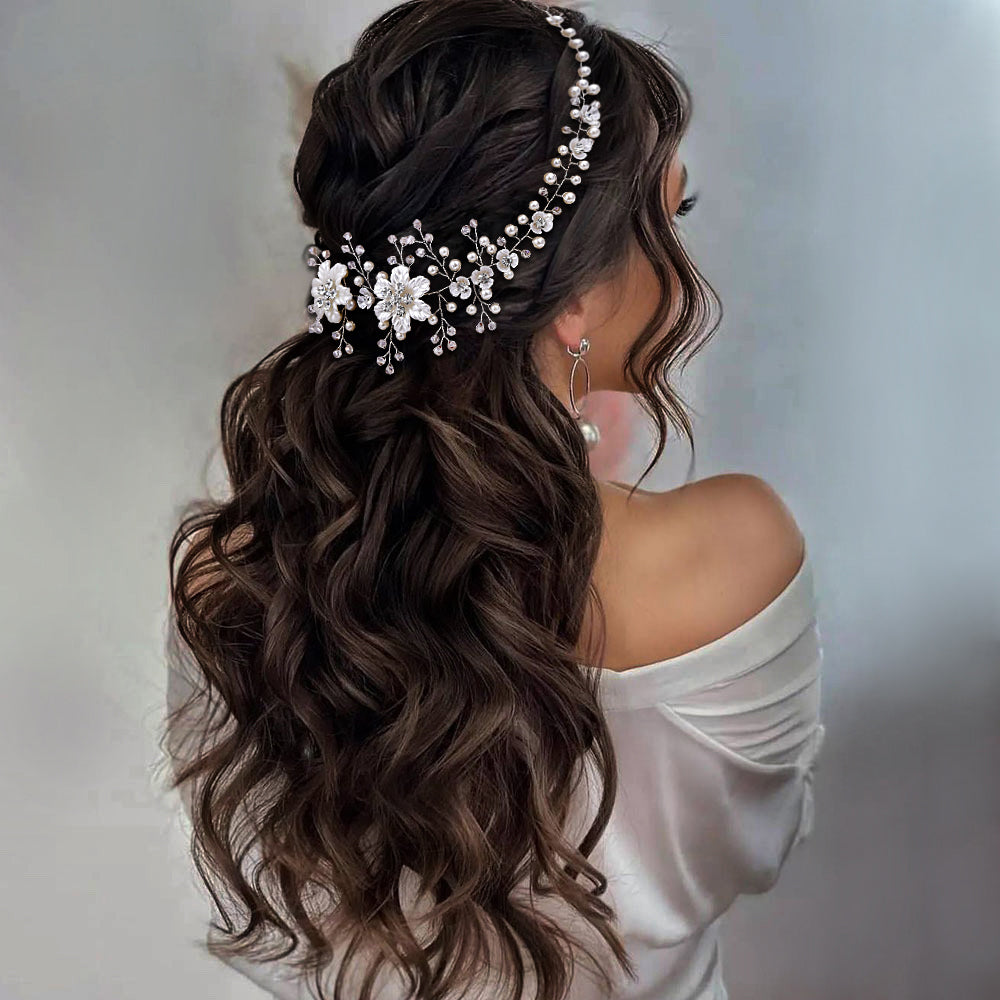 BRIDELLA BHP295 Silver Resin Flower Bridal Hair Accessories Handmade Braided Hair Strap with Pearl Water Diamond Wedding Hair Accessories