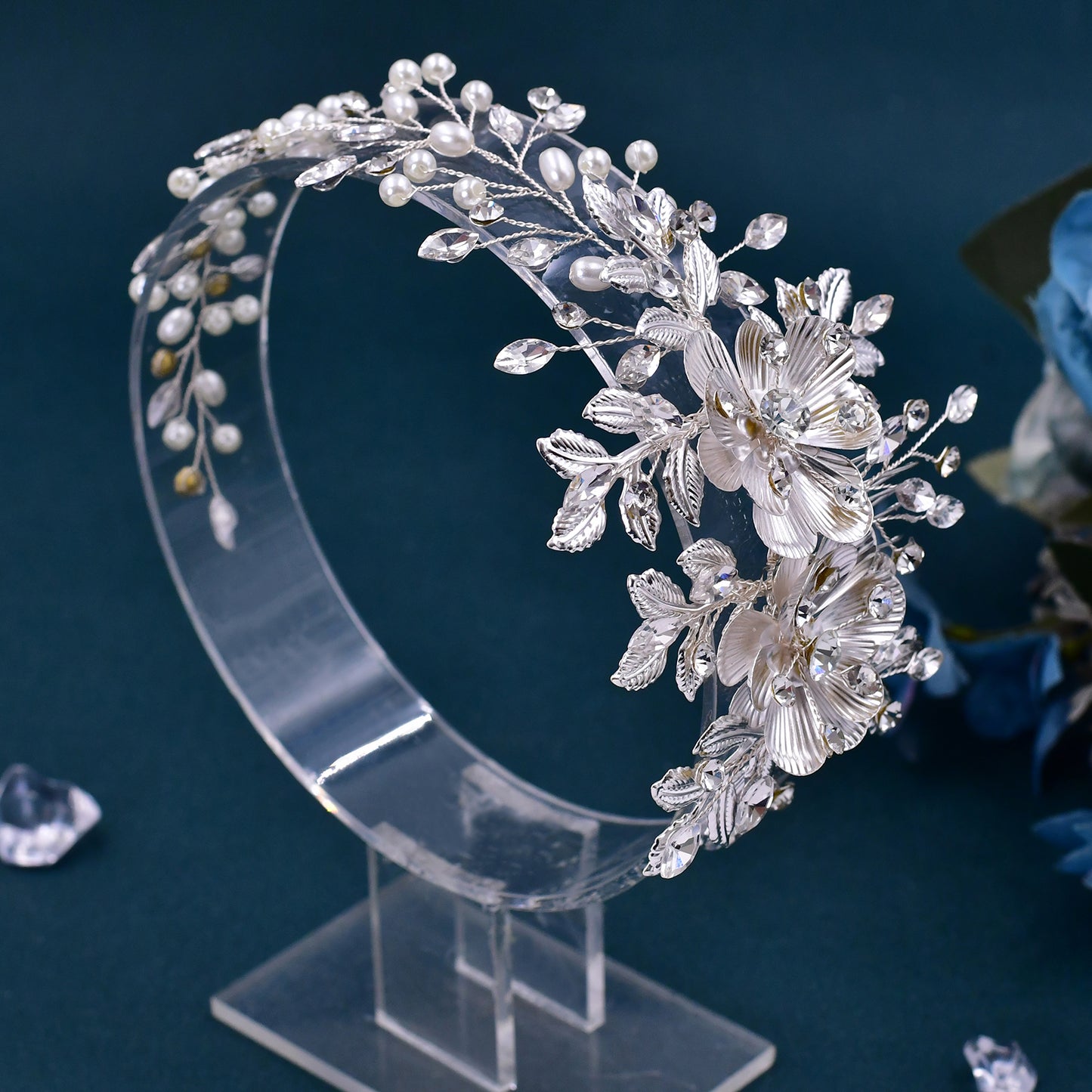 BRIDELLA BHP511  Alloy Flower Wedding Headband with Comb Elegant Pearls Bride Headpiece Girls Woman Headwear Bridal Hair Jewelry