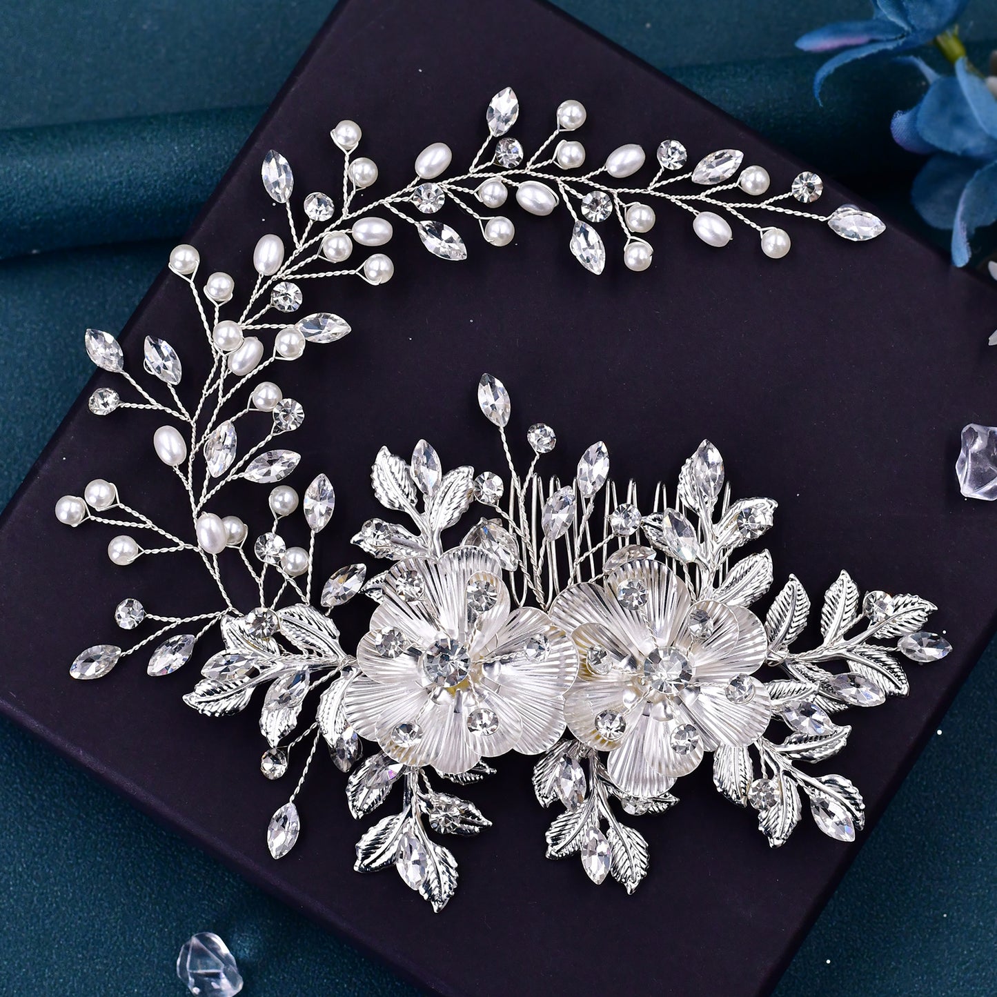 BRIDELLA BHP511  Alloy Flower Wedding Headband with Comb Elegant Pearls Bride Headpiece Girls Woman Headwear Bridal Hair Jewelry