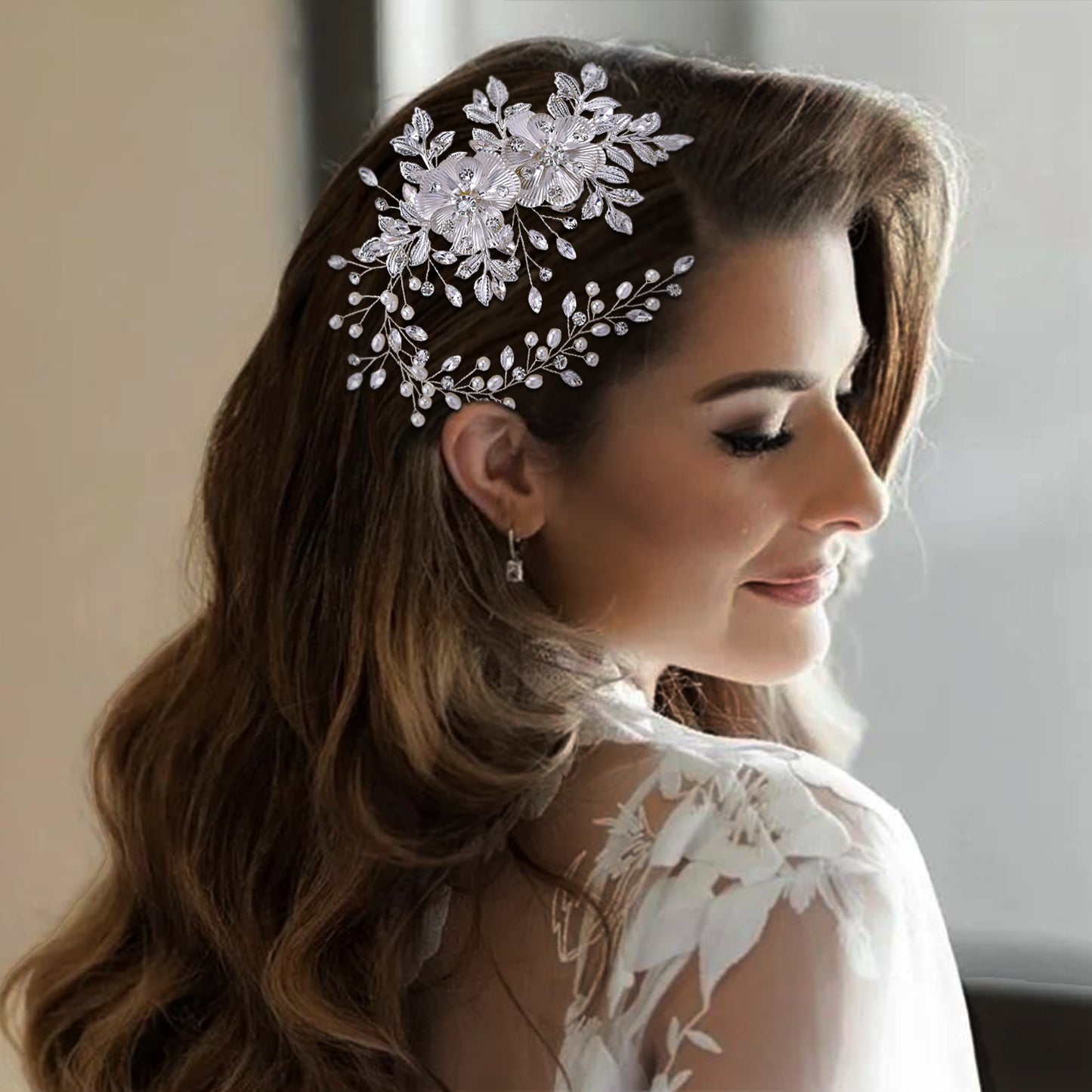 BRIDELLA BHP511  Alloy Flower Wedding Headband with Comb Elegant Pearls Bride Headpiece Girls Woman Headwear Bridal Hair Jewelry