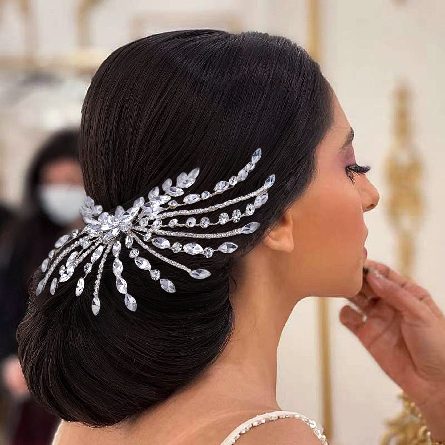BRIDELLA BHP557 Silver Rhinestone Hair Comb Umbrella Shaped Handmade Diamond Hair Accessory Bride's Wedding Hair Comb Shiny