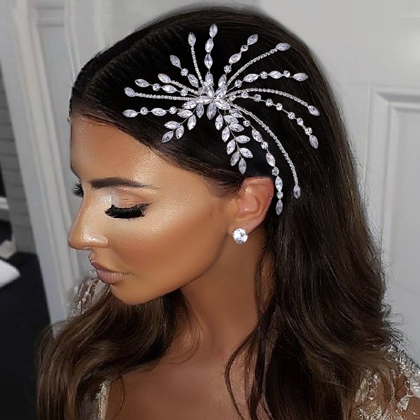 BRIDELLA BHP557 Silver Rhinestone Hair Comb Umbrella Shaped Handmade Diamond Hair Accessory Bride's Wedding Hair Comb Shiny