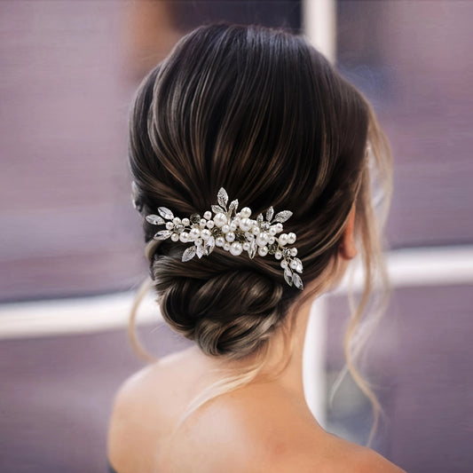 BHP596-S silver rhinestone pearl hair comb