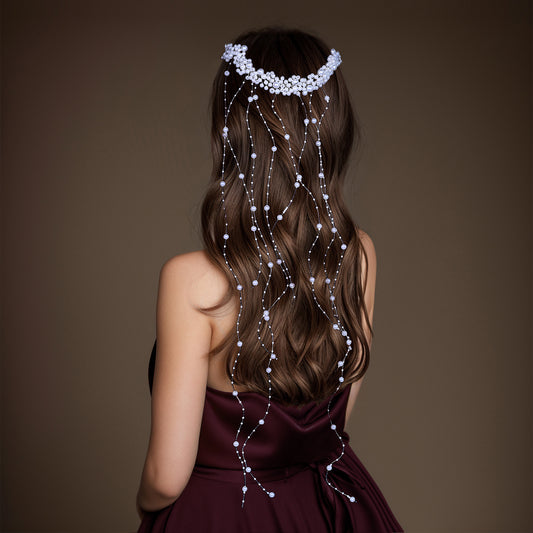 BRIDELLA BHP600 Pearls Tassels Bridal Headband with Combs Wedding Hair Accessories Handmade Woman Girls Headdress for Party