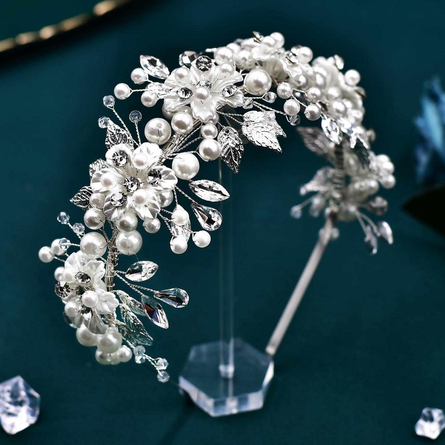 BRIDELLA BHP603 Bridal Wedding Pearl Crystal Headwear Alloy Leaves Hair Hoop Rhinestone Headbands for Women Flower Girl Headpiece