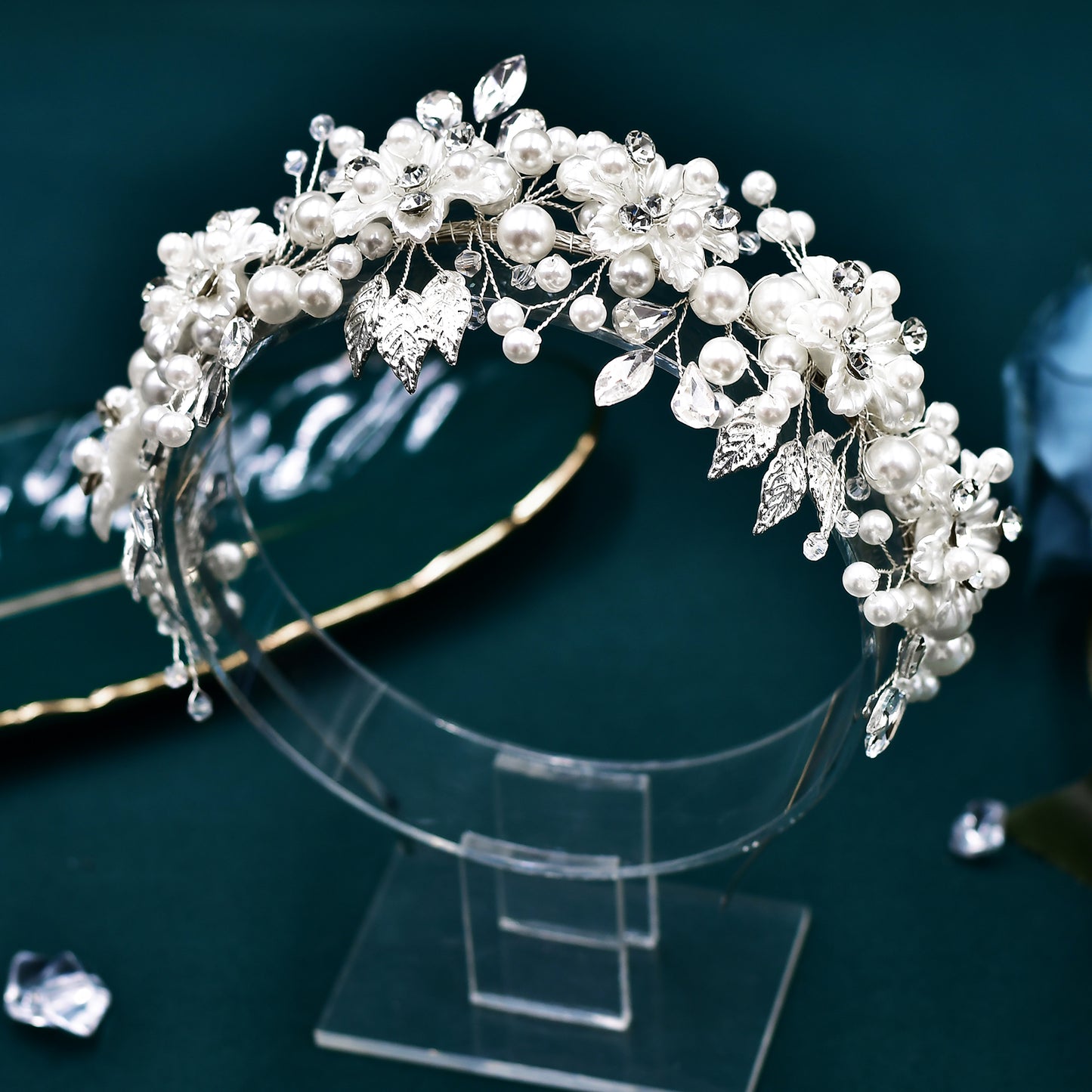 BRIDELLA BHP603 Bridal Wedding Pearl Crystal Headwear Alloy Leaves Hair Hoop Rhinestone Headbands for Women Flower Girl Headpiece