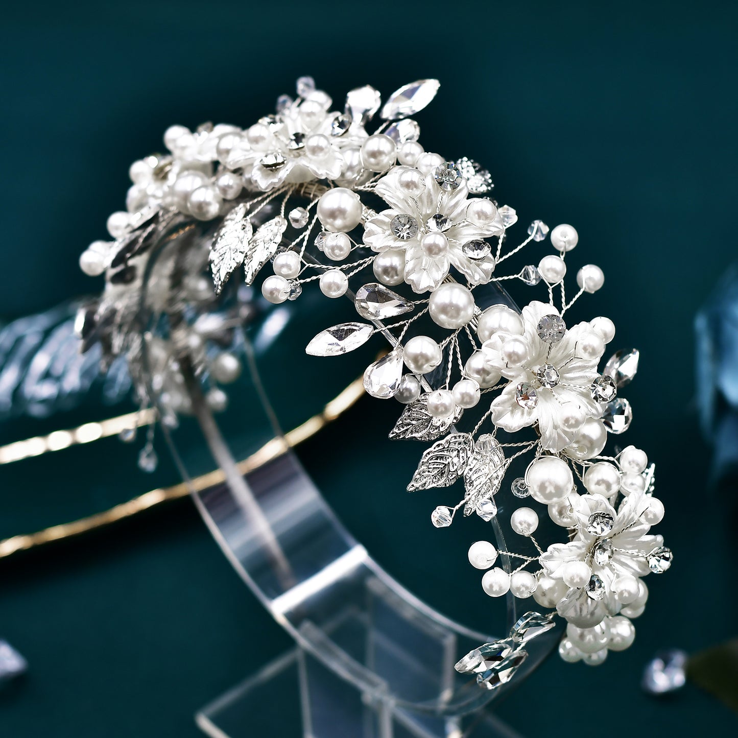 BRIDELLA BHP603 Bridal Wedding Pearl Crystal Headwear Alloy Leaves Hair Hoop Rhinestone Headbands for Women Flower Girl Headpiece