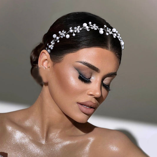 BRIDELLA BHP730  Pearl Band Bridal Headbands Rhinestone Flower Bride Hairband Wedding Hair Accessories Elegant Women Party Tiara