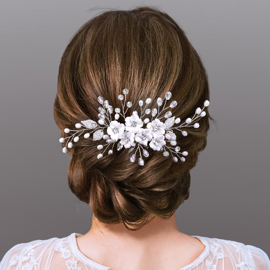 BHP744-S silver rhinestone pearl hair comb