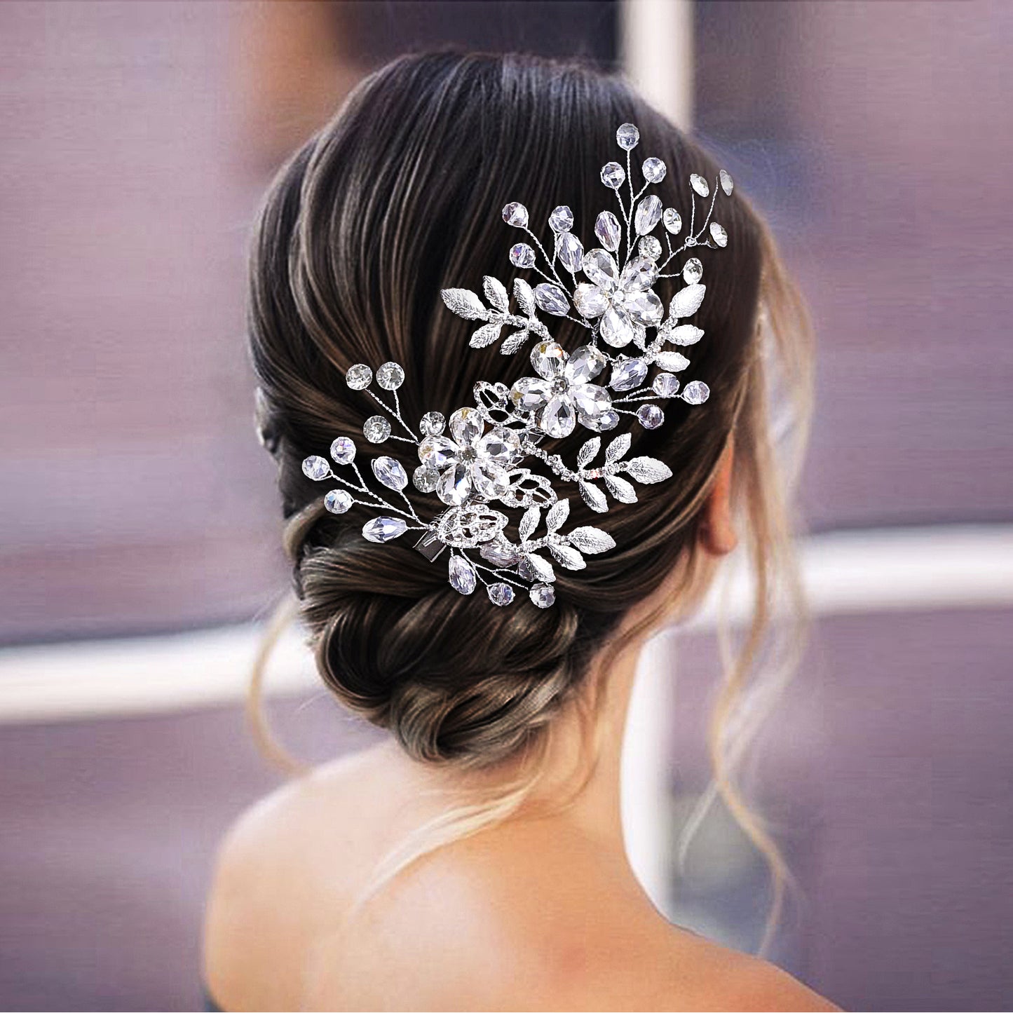 BRIDELLA BHP758 Handmade Rhinestone Flower Bride Duckbill Clip Silver Color Alloy Leaf Wedding Hair Clips Crystal Bride Headdress
