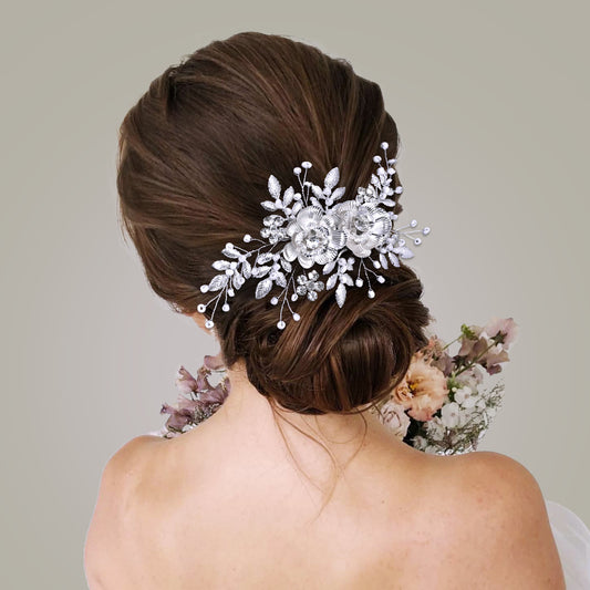 BRIDELLA BHP780 Alloy Flower Bridal Hair Comb Silver Color Leaf Wedding Hair Accessories Bridesmaid Women Handmade Headdress