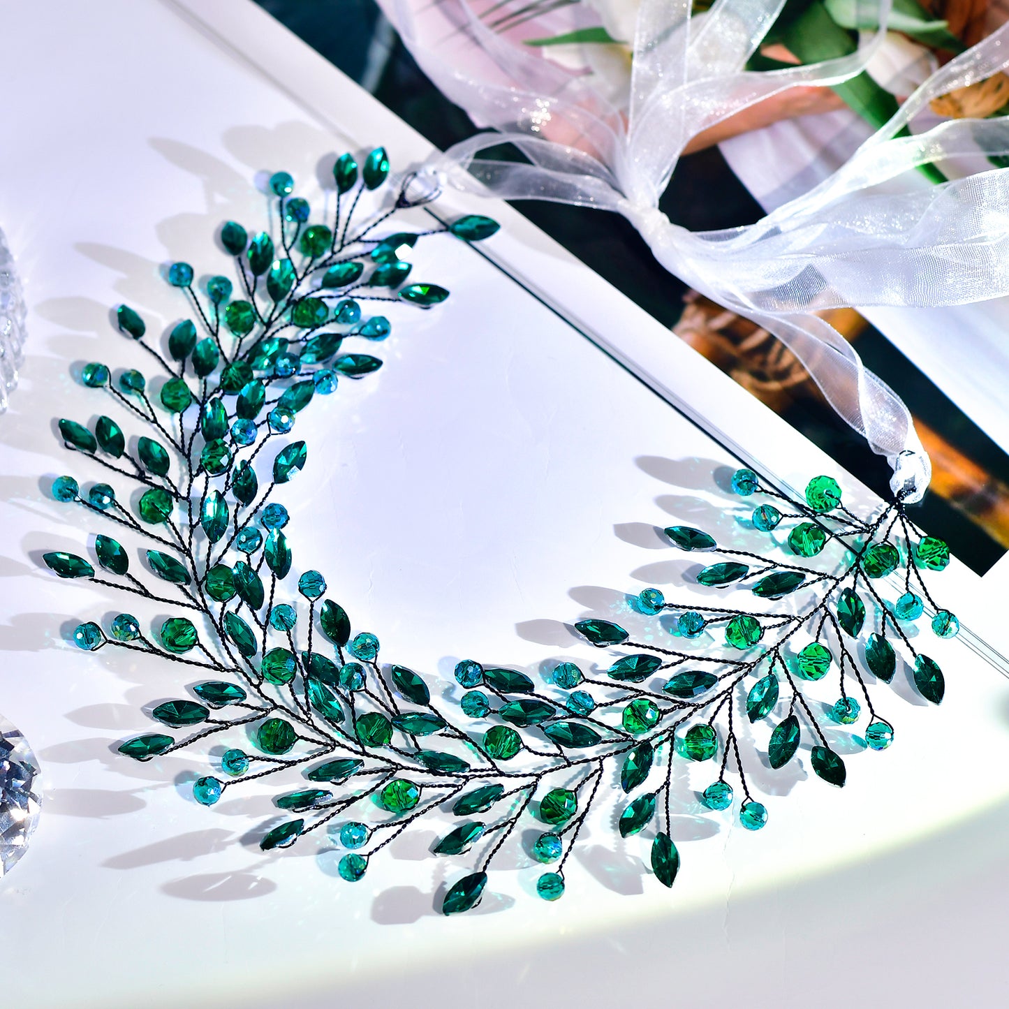 BRIDELLA BHP799 Green Rhinestone Headband Bridal Wedding Jewelry Hair Accessories Handmade Green Crystal Headress Party Gift