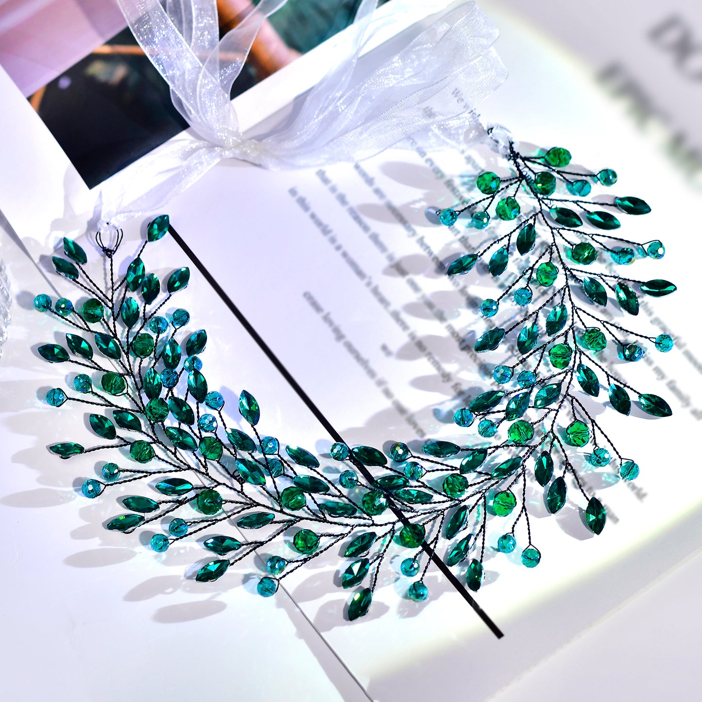 BRIDELLA BHP799 Green Rhinestone Headband Bridal Wedding Jewelry Hair Accessories Handmade Green Crystal Headress Party Gift