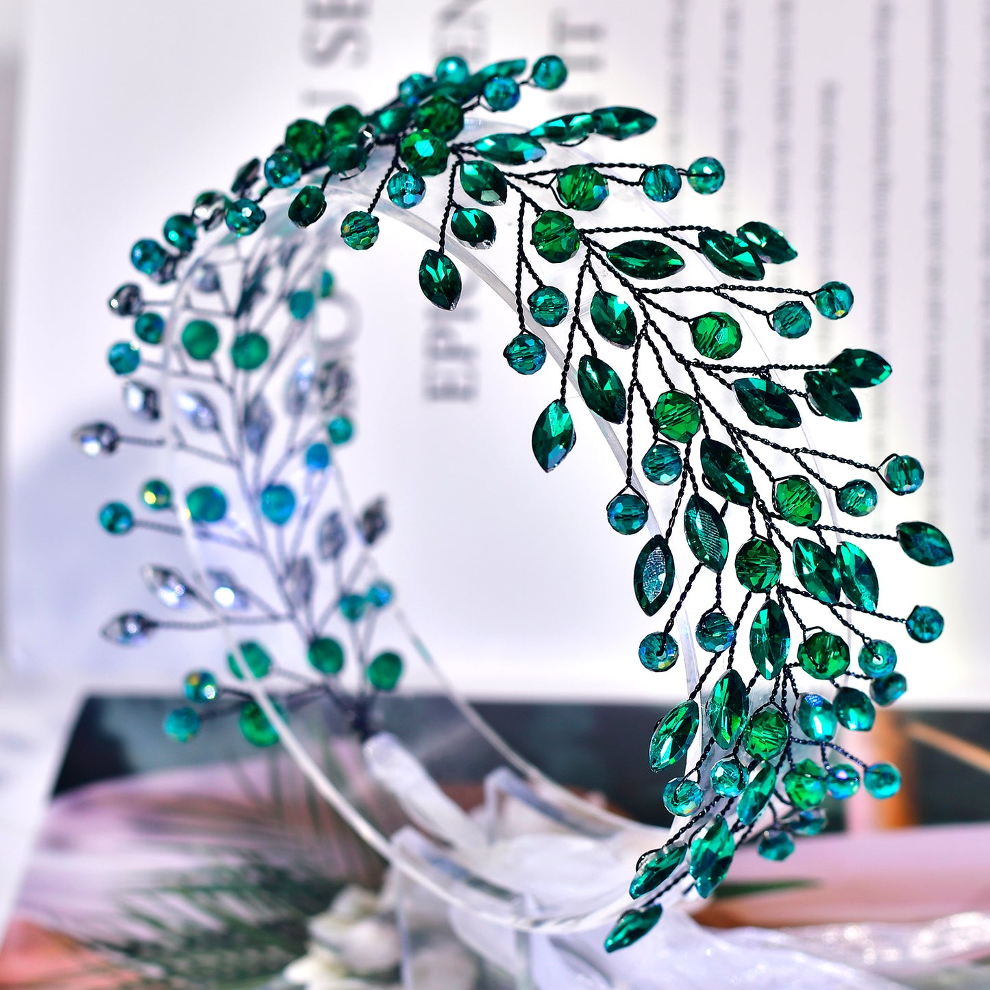 BRIDELLA BHP799 Green Rhinestone Headband Bridal Wedding Jewelry Hair Accessories Handmade Green Crystal Headress Party Gift