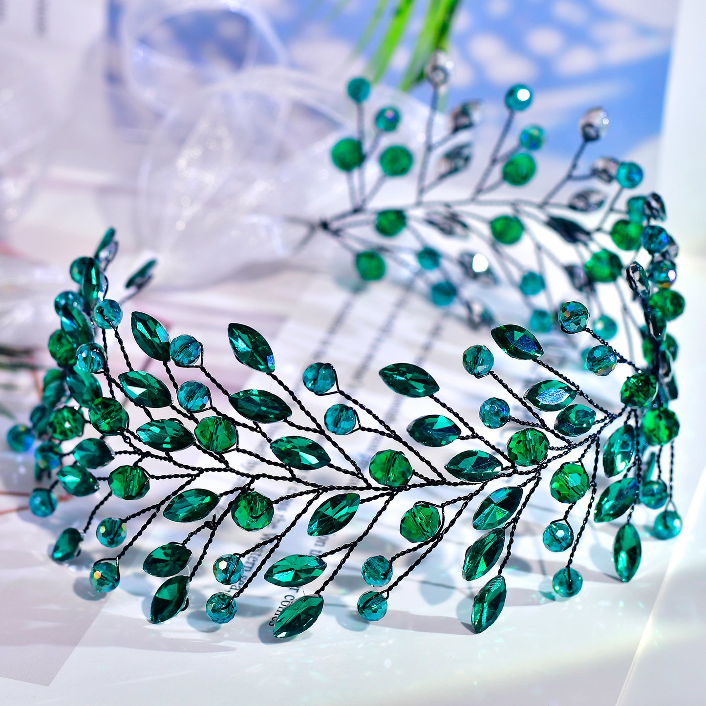 BRIDELLA BHP799 Green Rhinestone Headband Bridal Wedding Jewelry Hair Accessories Handmade Green Crystal Headress Party Gift