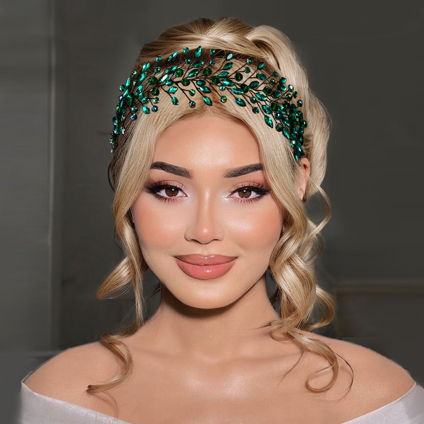 BRIDELLA BHP799 Green Rhinestone Headband Bridal Wedding Jewelry Hair Accessories Handmade Green Crystal Headress Party Gift