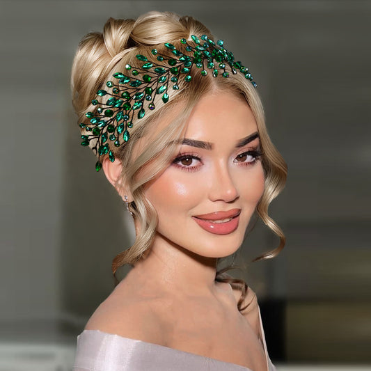BRIDELLA BHP799 Green Rhinestone Headband Bridal Wedding Jewelry Hair Accessories Handmade Green Crystal Headress Party Gift