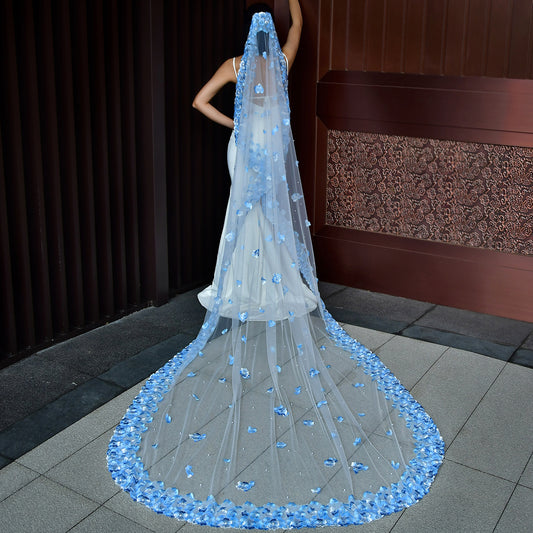 BRIDELLA BM42A Blue Embroidered Applique Bridal Veil Cathedral Length Bride Wedding Accessories