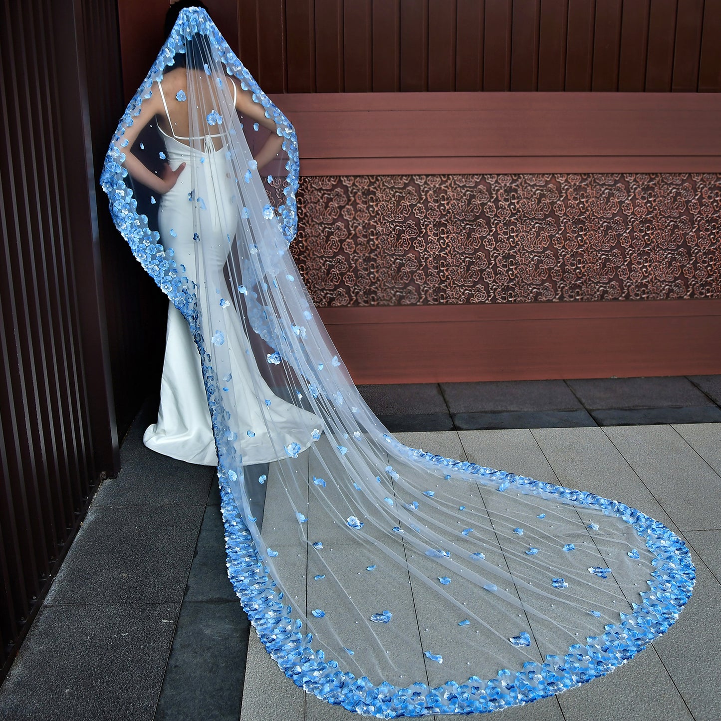 BRIDELLA BM42A Blue Embroidered Applique Bridal Veil Cathedral Length Bride Wedding Accessories