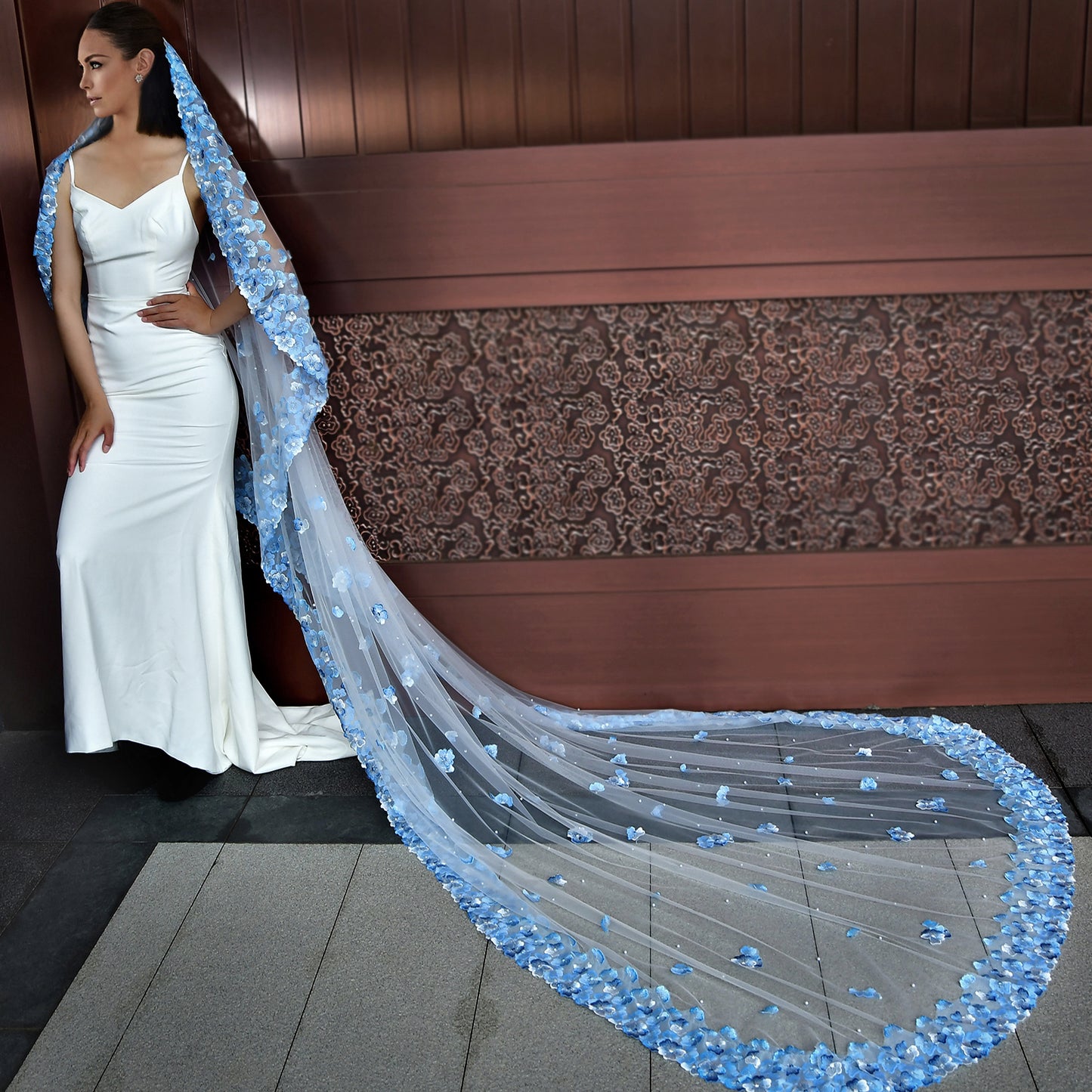 BRIDELLA BM42A Blue Embroidered Applique Bridal Veil Cathedral Length Bride Wedding Accessories
